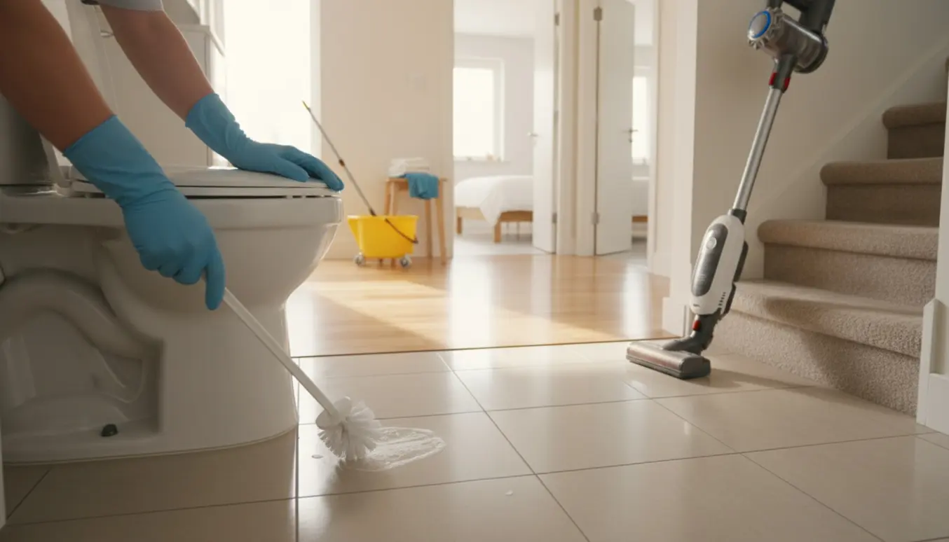 Rengøringshandsker skrubber et toilet, med en støvsuger på trappen og en moppe ved et nyligt vasket gulv i et lyst hjem.