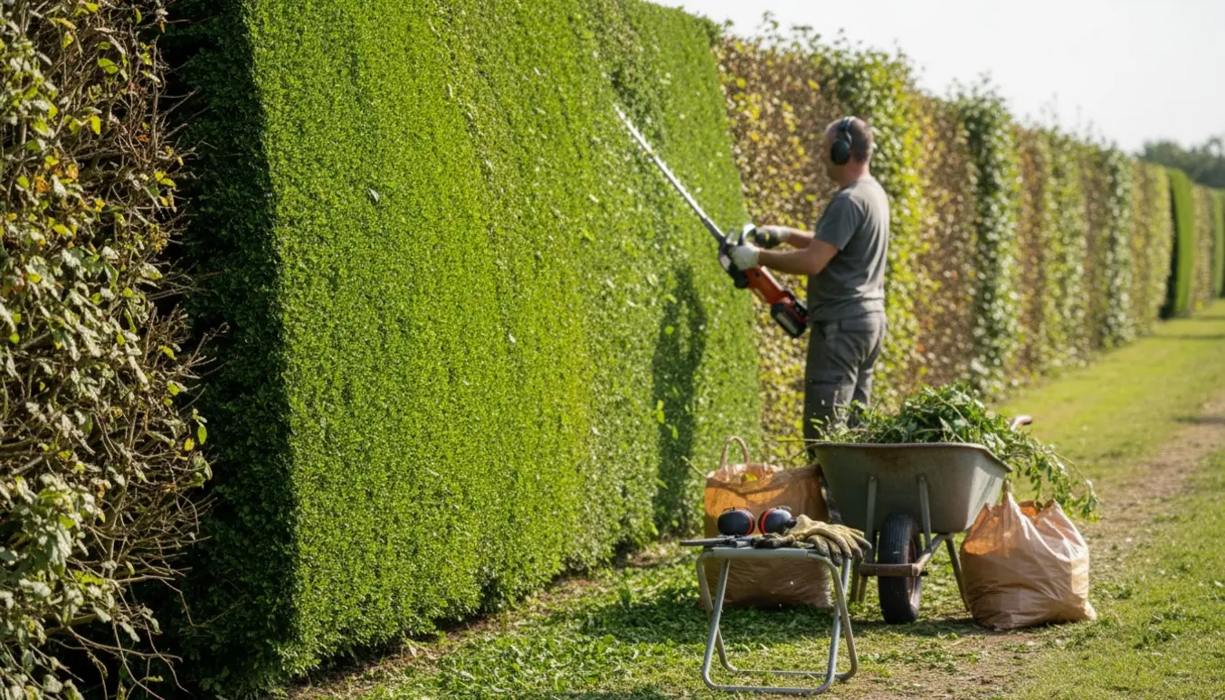 En havearbejder klipper den ene side af en lang hæk med en langrækkende hækkeklipper, mens afklip samles i en skubvogn.