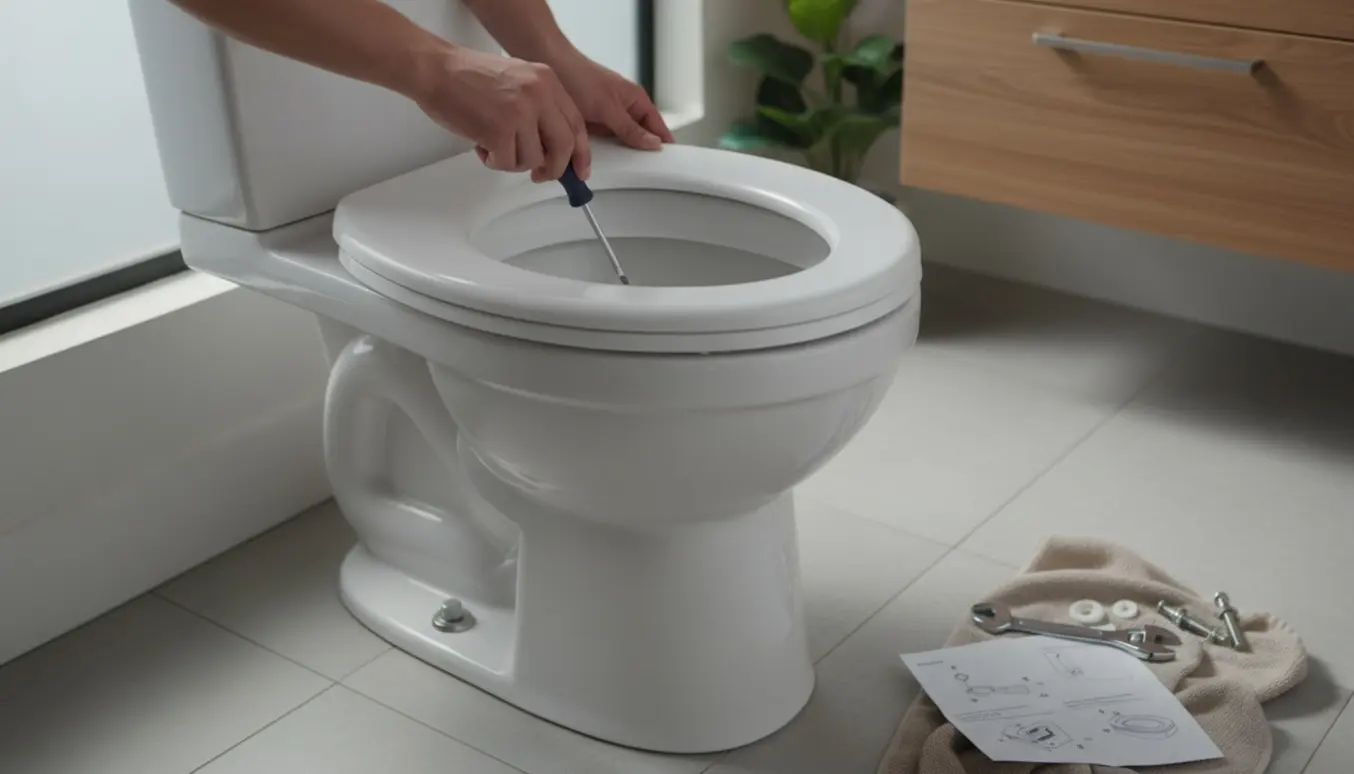 Hænder monterer et toiletbræt med skruer og værktøj i et lyst, moderne badeværelse.