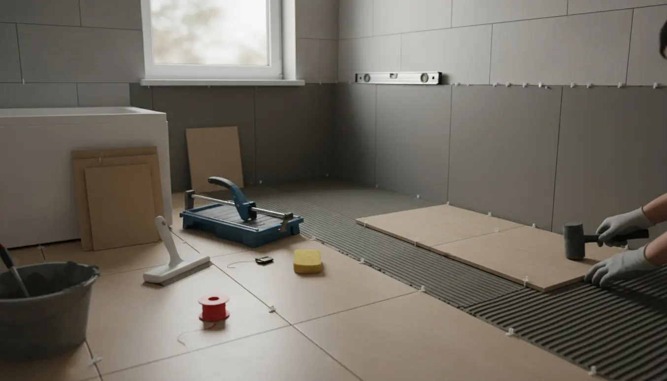 Badeværelse på 3 m² under fliselægning med 60 cm gulvfliser og 40 cm vægfliser, værktøj og hænder i arbejde.