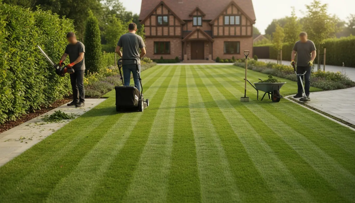 Nyslået græs med striber, beskåret hæk og personer, der fjerner ukrudt mellem fliserne.
