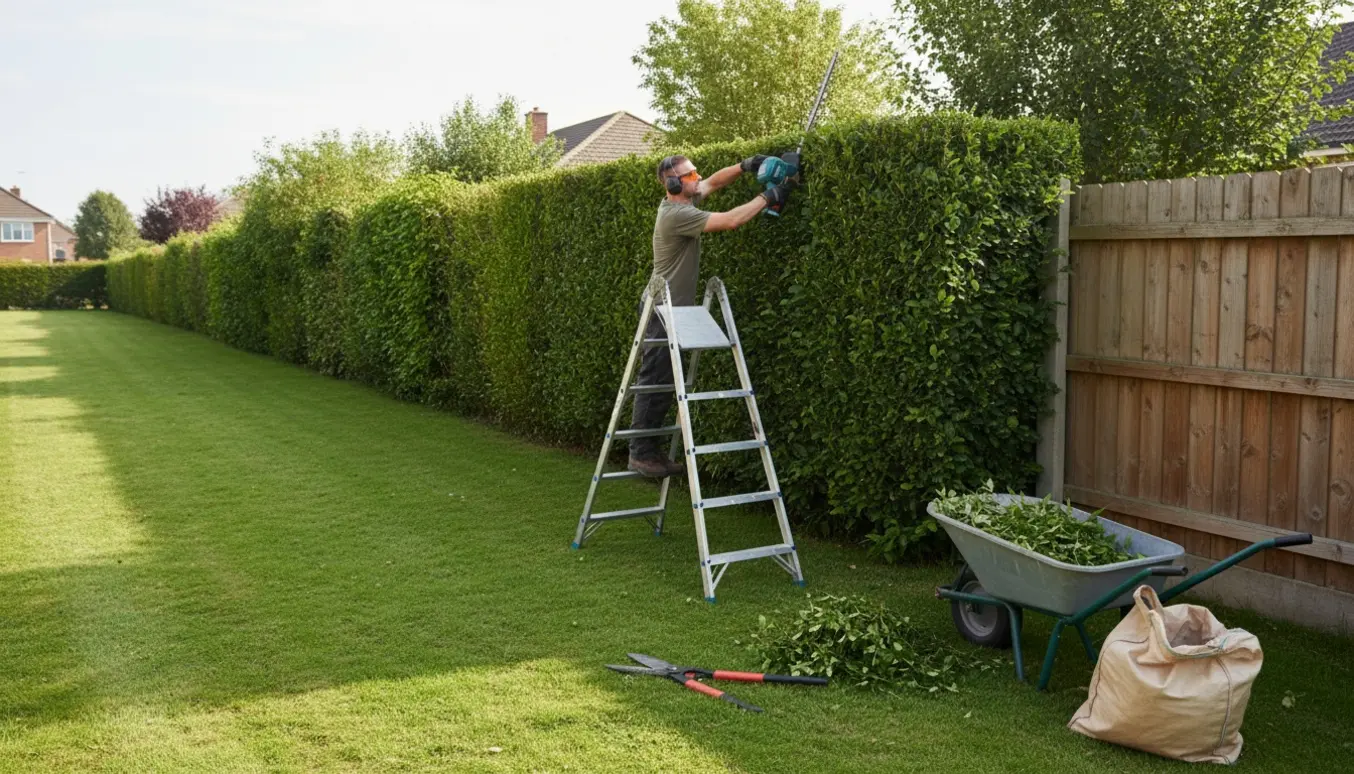 En håndværker trimmer en lang, ca. 1,8–2 m høj hæk langs en have med bunker af afklip og en trillebør i forgrunden.