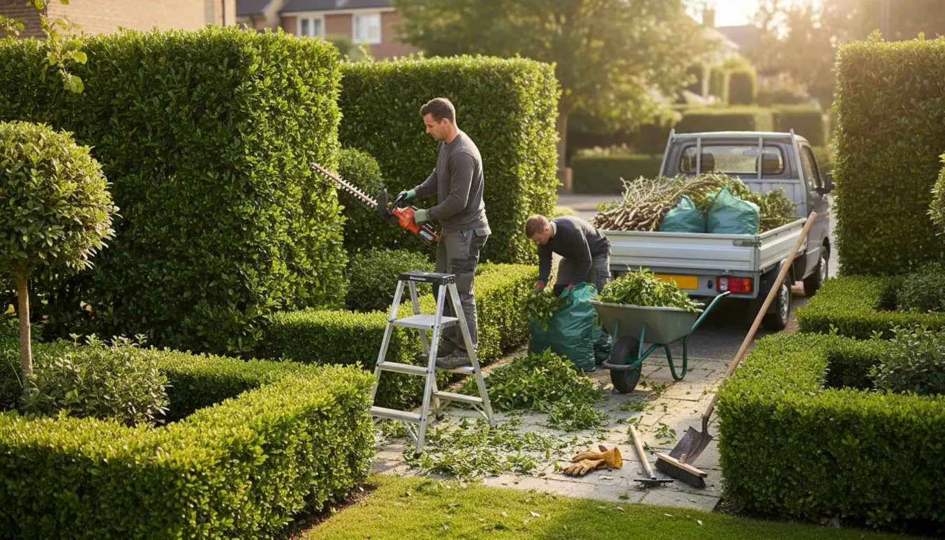 Professionelle hækklippere trimmer og læsser hækafklip i en trailer i en solrig forhave.