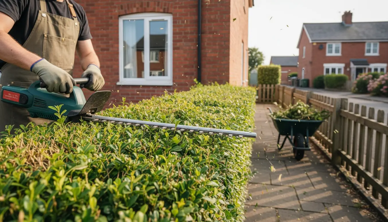 Nærbillede af en hækkeklipper, der trimmer hæk ved hjørnet af et enderækkehus med nyklippede blade i fokus.