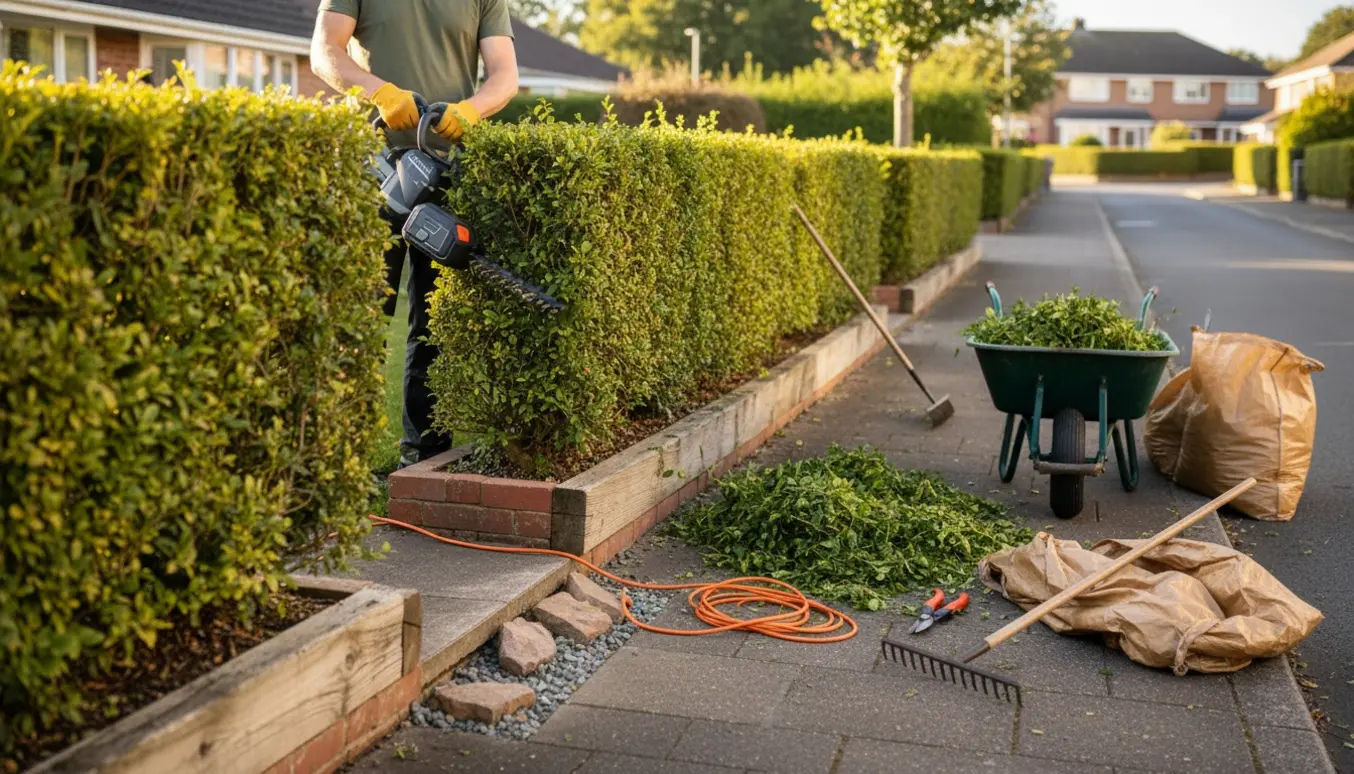 Hækklipning på skrånende vej med afklip samlet i trillebør ved et 60 cm højt højbed.
