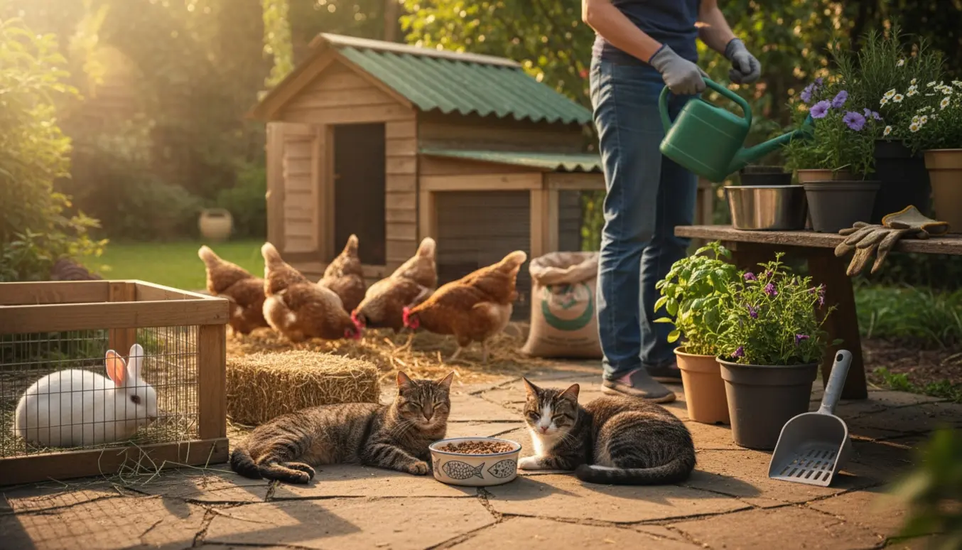 Baggårdssceneri med to katte, en kanin, en flok høns og hænder, der passer dyr og planter.