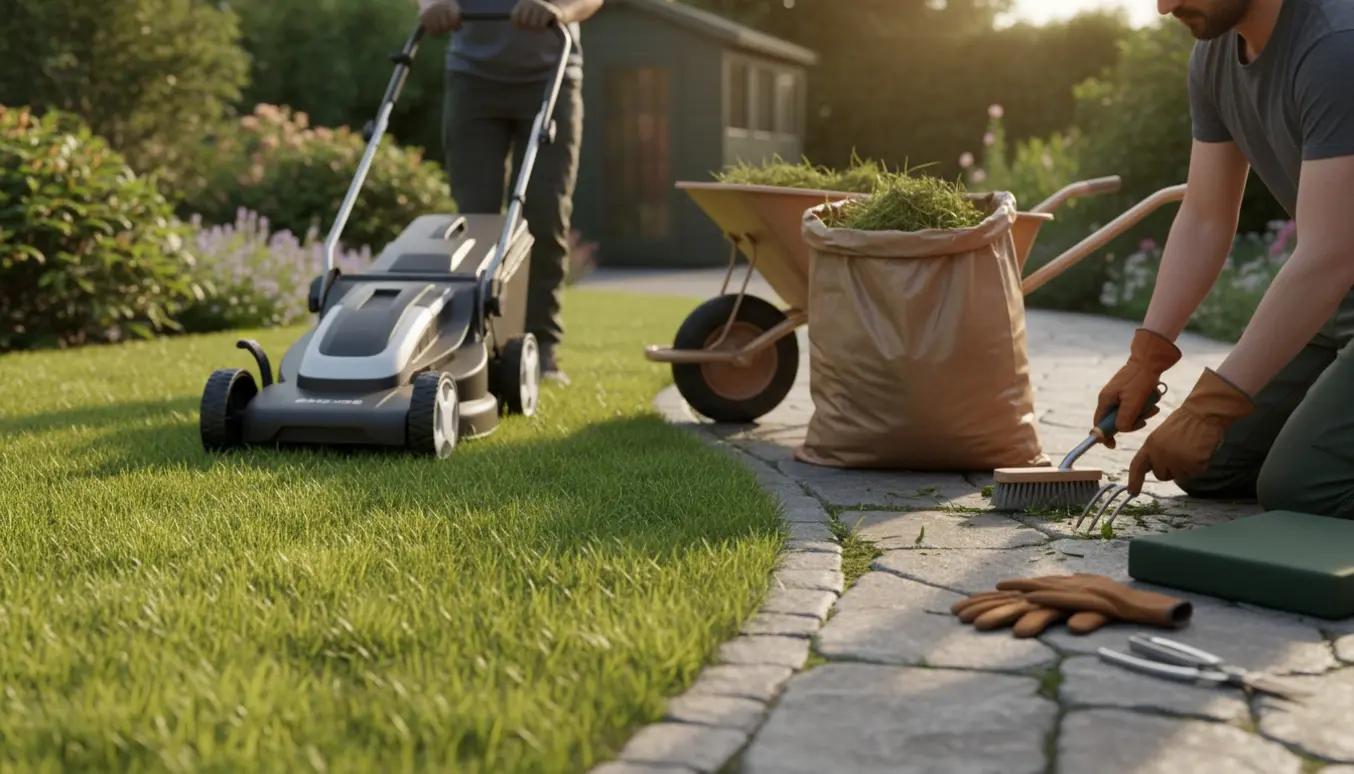 En havearbejder klipper græs og fjerner ukrudt fra indkørsel og flisegang med håndredskaber, mens en trillebør fyldes med haveaffald.