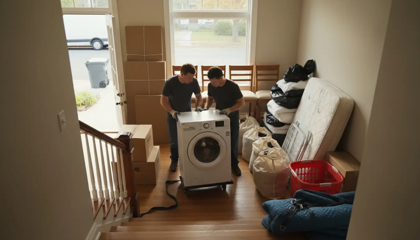 Personer bærer madras, papkasser og sække ned ad trappen fra 2. sal mod en åben indgang og container.