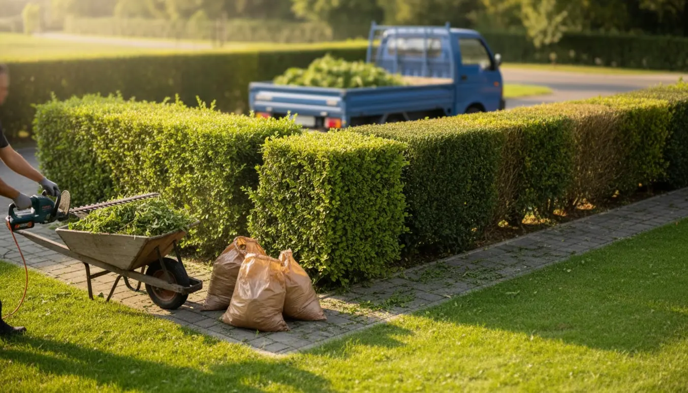 Hjørne af have med nyslåede hække, en trillebør med fraklip og en elektrisk hækkeklipper klar til bortkørsel.