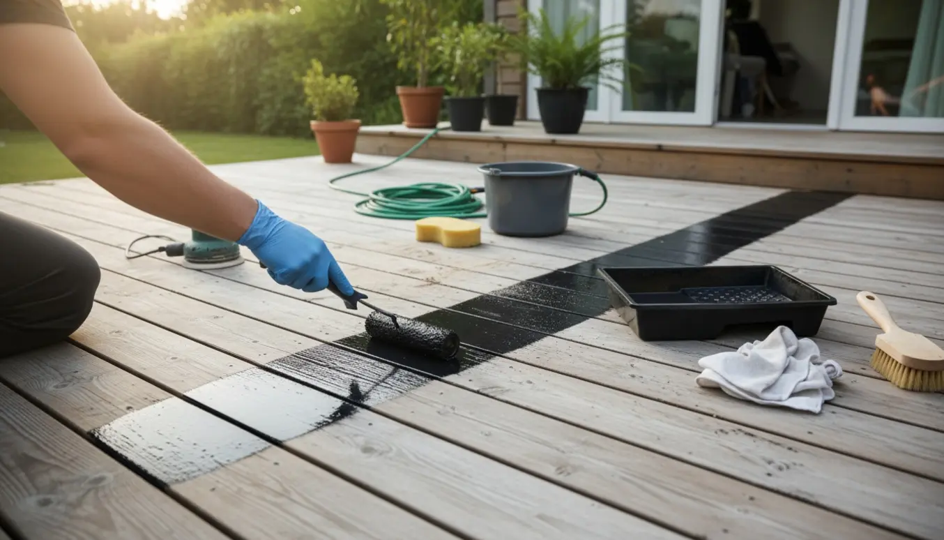 Nærbillede af påføring af sort træolie på en nyafslibet fyrretræsterrasse.
