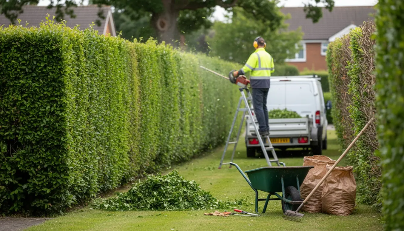 Ryggen af en havearbejder trimmer en lang, tæt hæk med en trillebør og bunker af hækafklip klar til bortskaffelse.