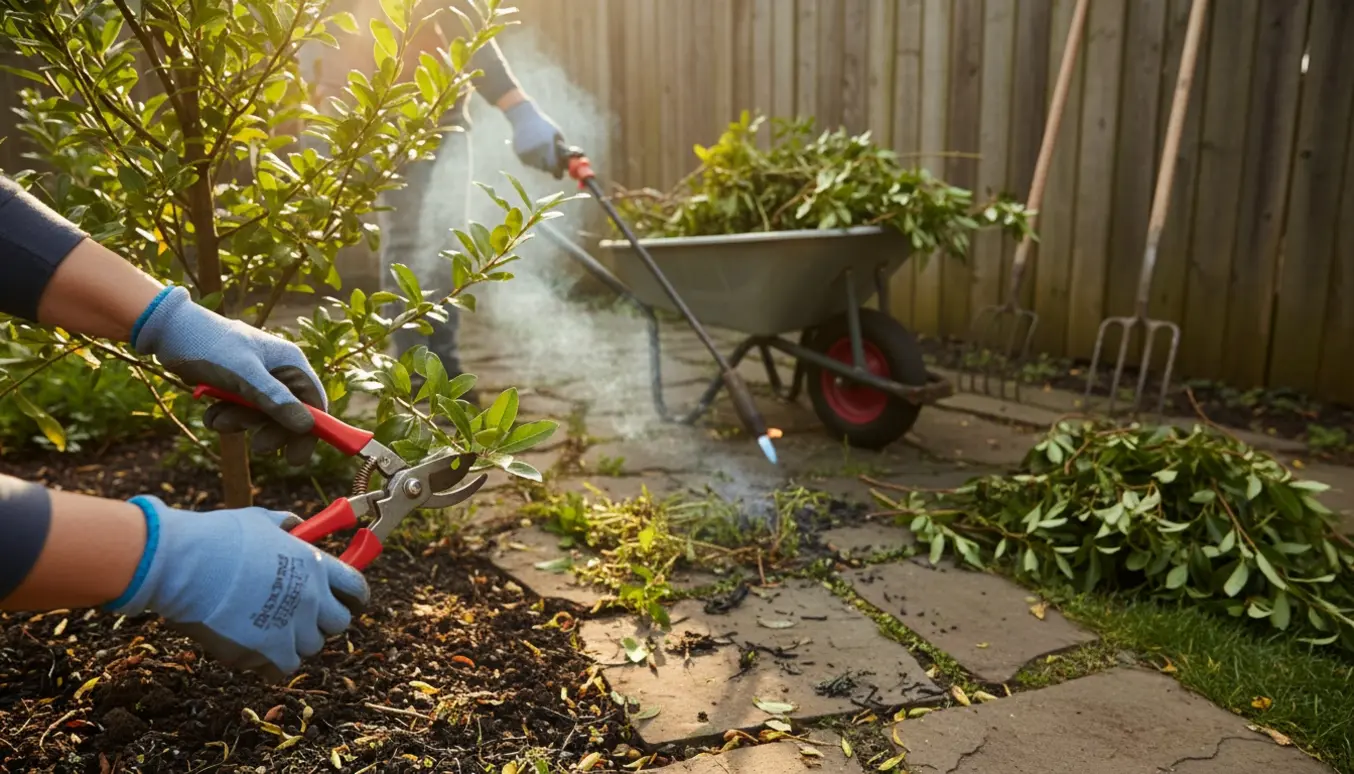 Havearbejde med beskæring, ukrudtsbrænding og indsamling af afklip i en baghave.