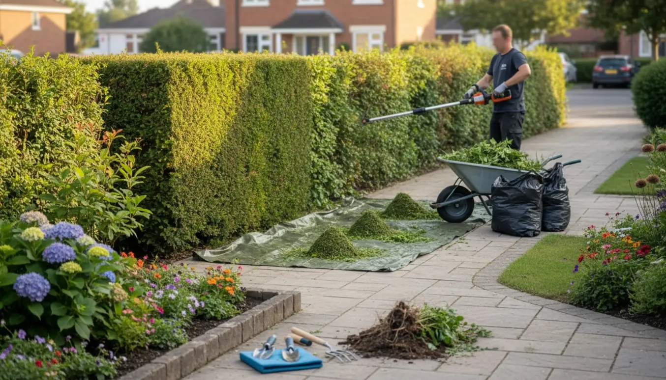 Forhave med en professional, der klipper en lang hæk og samler ukrudt i bunker til bortskaffelse.