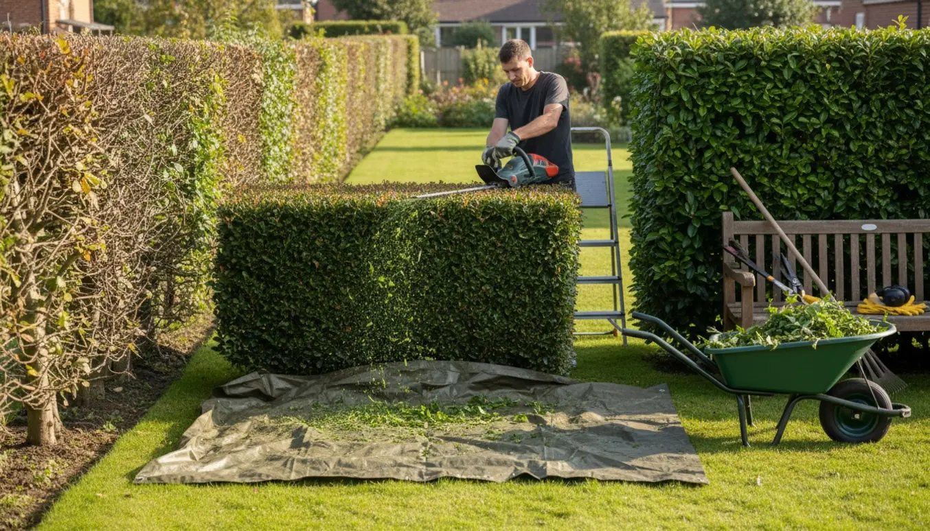 Hækkeklipper i brug foran nyklippede bøge-, liguster- og tjørnehække i en solbeskinnet have.