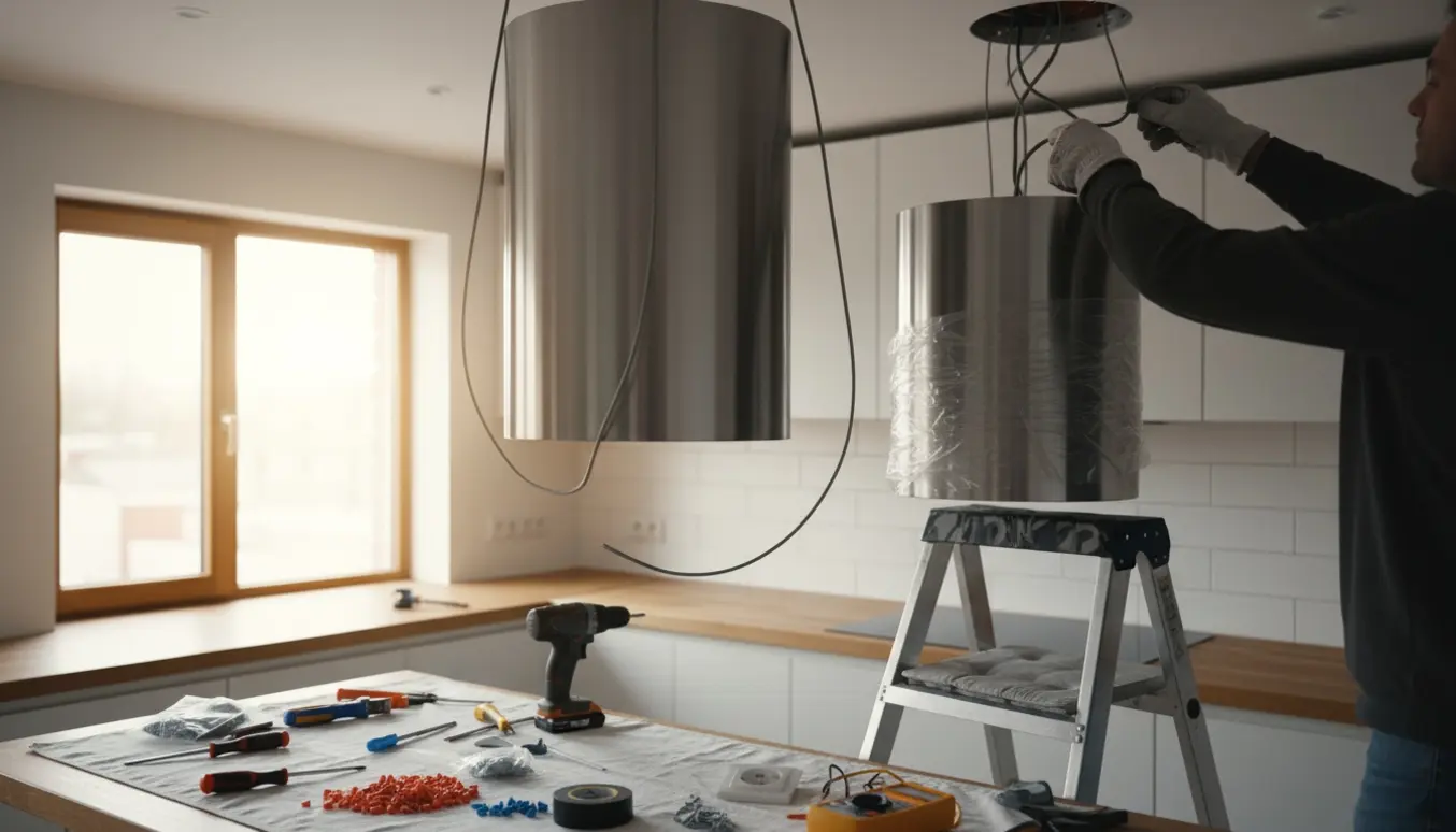 Loftmontering af cylinderformet emhætte i køkkenet, håndværker installerer også stikkontakt i loftet.