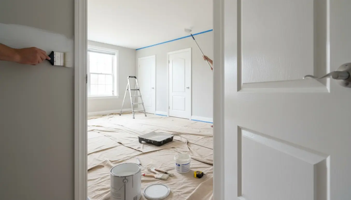 Solbelyst indendørs malerarbejde med malerredskaber og nymalede dørkarme.