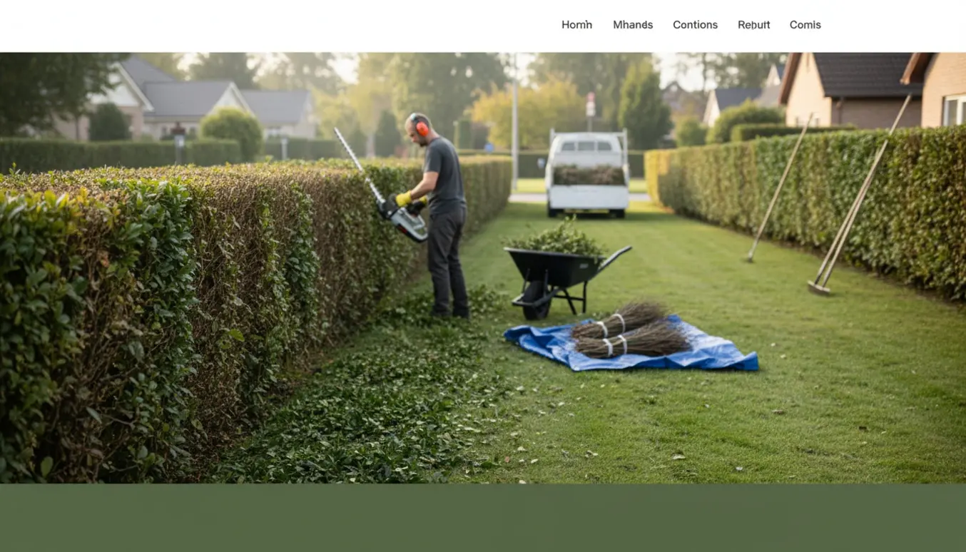 Lang hæk ved en bolig bliver klippet af en arbejder set bagfra med trillebør og bundter af afklip klar til bortkørsel.