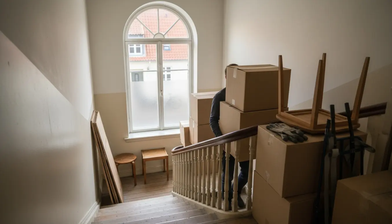 Flyttefolk bærer kasser og små møbler op ad en smal trappe i en københavnsk opgang.