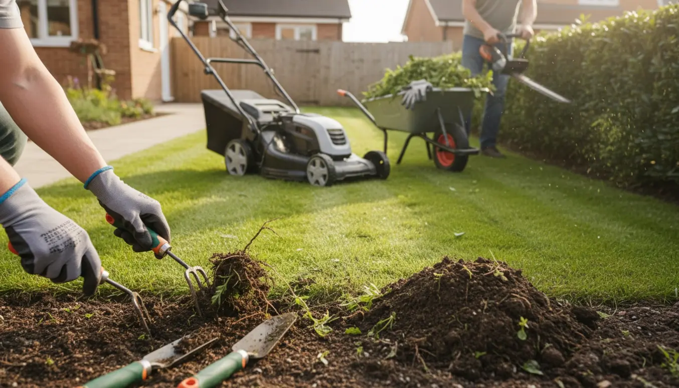 Solbelyst havescene med græsslåmaskine, håndredskaber og nyklippede hække.