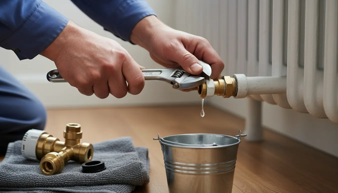 Nærbillede af hænder, der skruer ved en dryppende radiatorventil med værktøj og reservedel ved siden af.