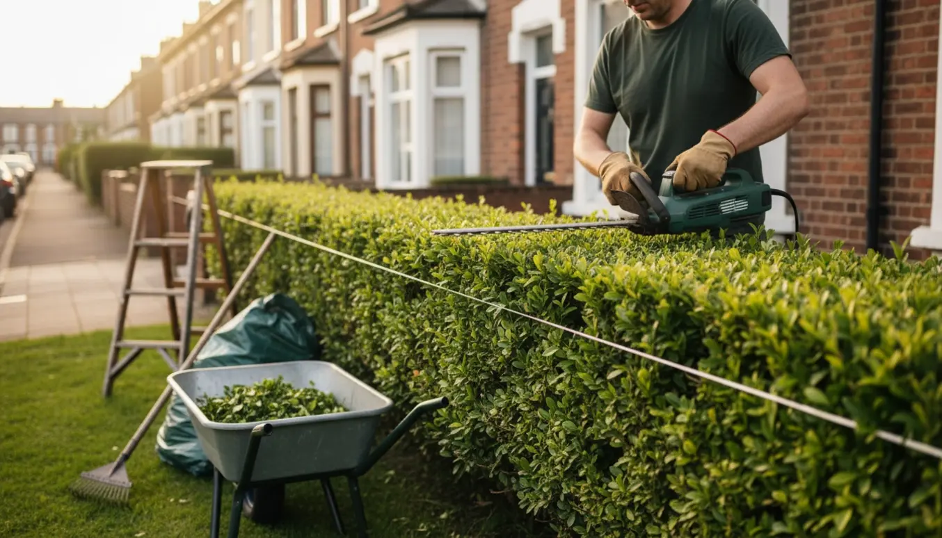 Havearbejder klipper en ligusterhæk ved et rækkehus og samler afklippet i en trillebør.