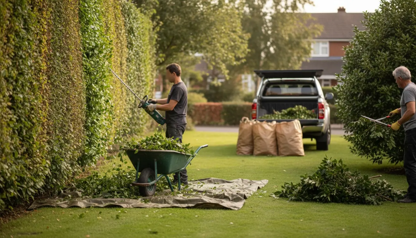 Hækklipning og bortkørsel af hækklip i en solrig have med hænder der bruger en hækkeklipper og en trillebør fuld af grønt affald.