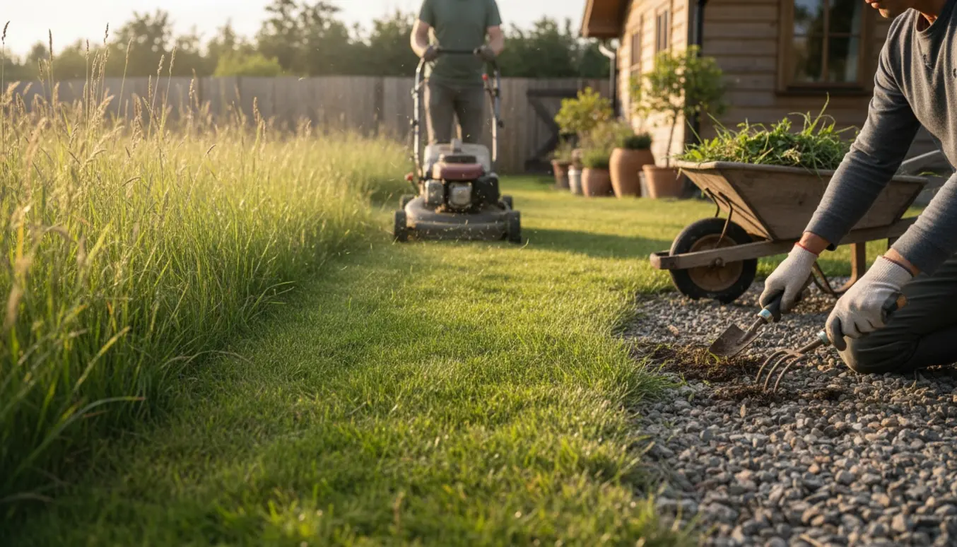 En person set bagfra slår højt græs i en stor sommerhushave, mens ukrudt fjernes ved carporten.