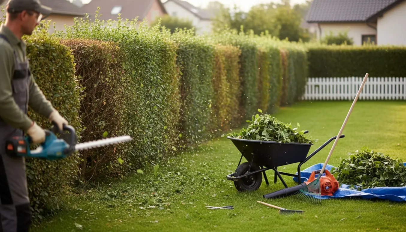 Trimming af hække i en villahave med afklip samlet i skubbevogn og på presenning.