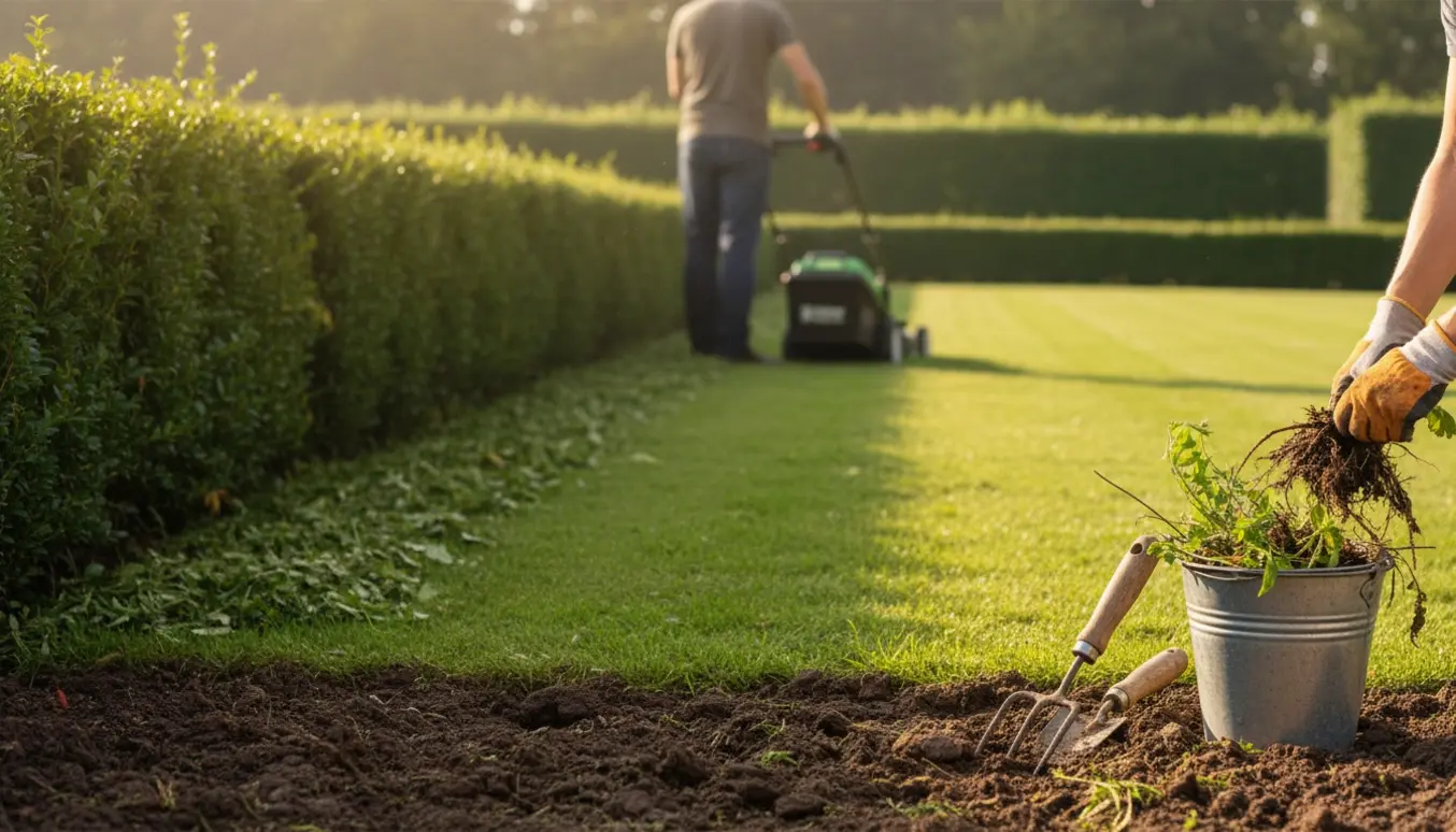 En have med ukrudt, en nyklippet hæk og et nyslået græsareal, hvor haveredskaber og handsker ligger fremme.