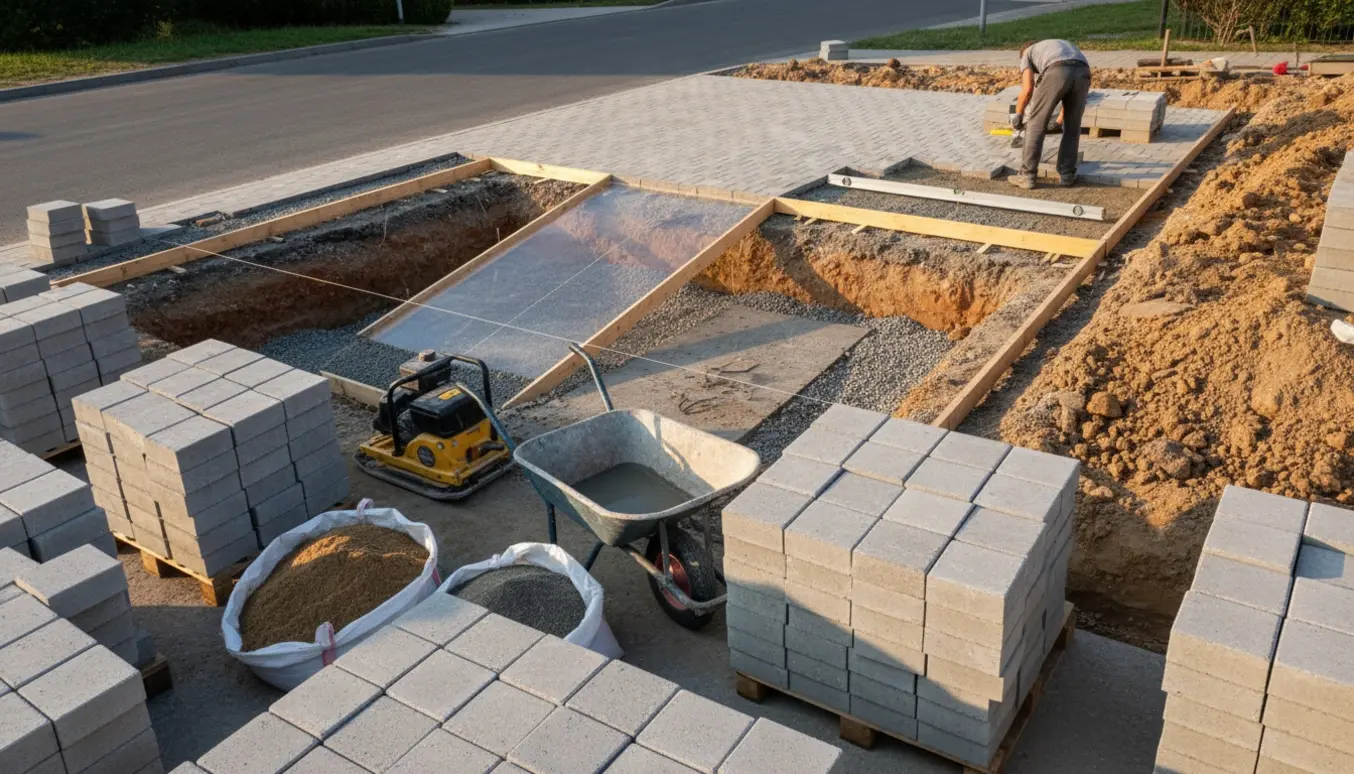 Indkørsel under anlæg med 50x50 fliser, kantsten, grus og håndværktøj på plads.
