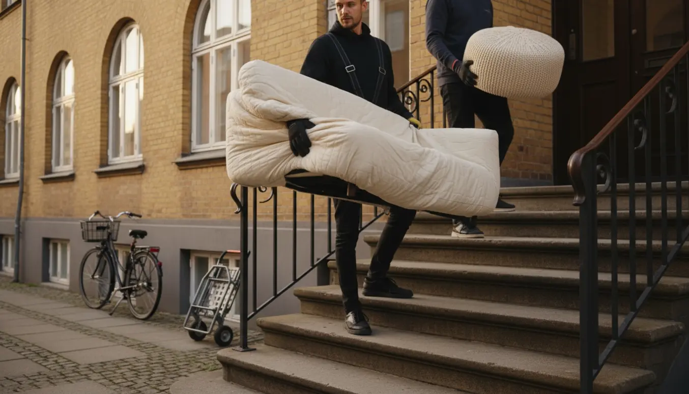 Flyttemænd bærer en let sofa og en puf ned ad trappen foran en lejlighedsbygning på Amager.