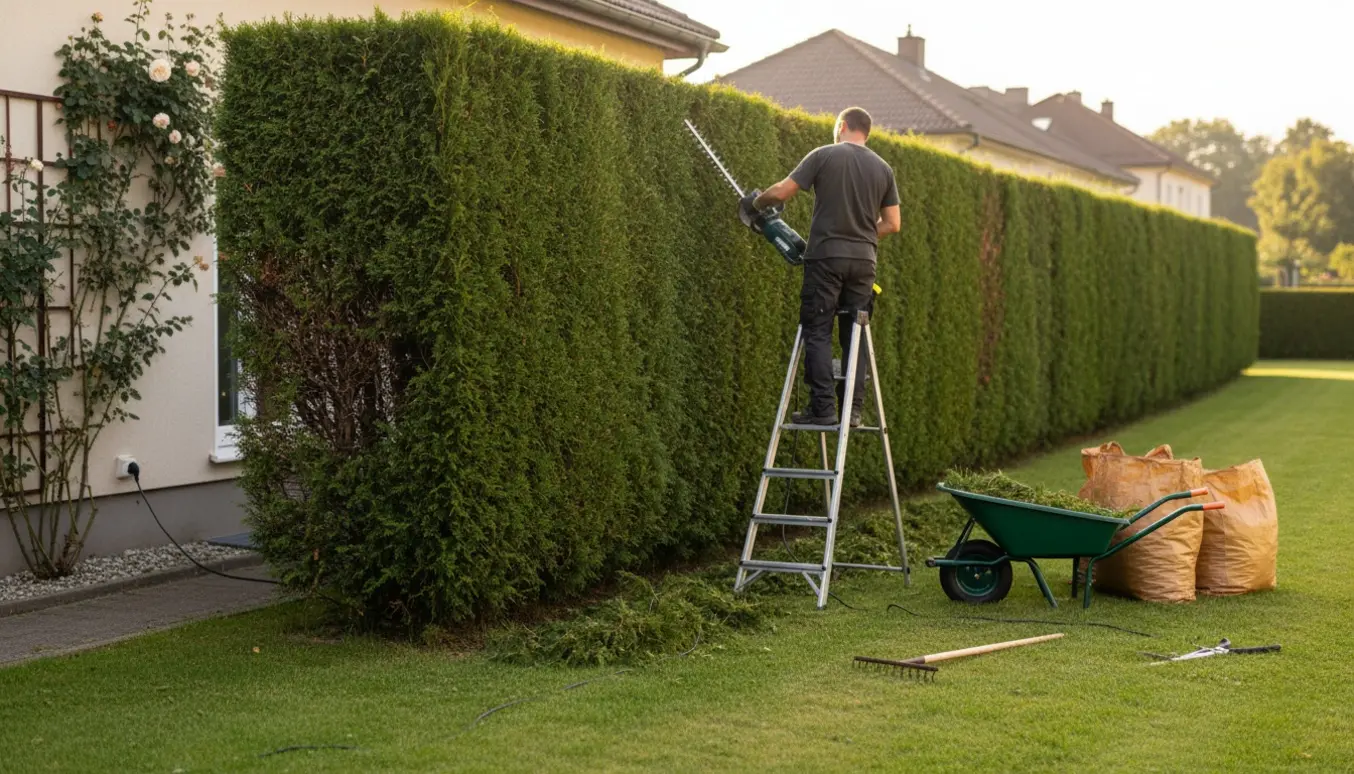 En person på en stige afretter og klipper en lang, tre meter høj hæk med el-hækkeklipper, mens afklip samles i trillebør og sække.