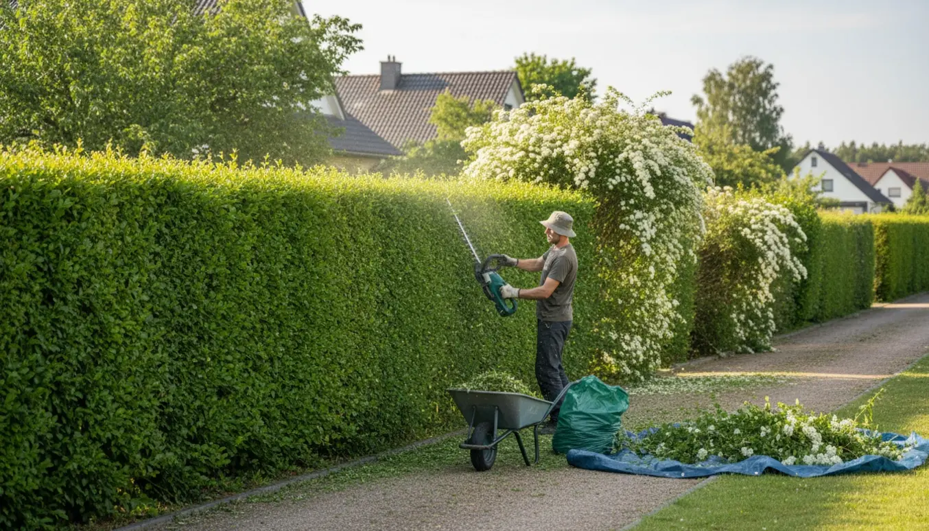 En gartner trimmer en lang spirea-hæk langs skellet, mens afklip samles i trillebør og sække.