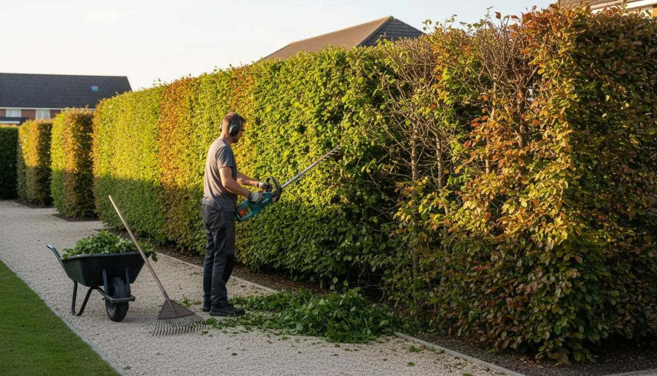 En havearbejder klipper den ene side af en cirka 30 meter og 1,8 m høj bøgehæk med en hækkeklipper.