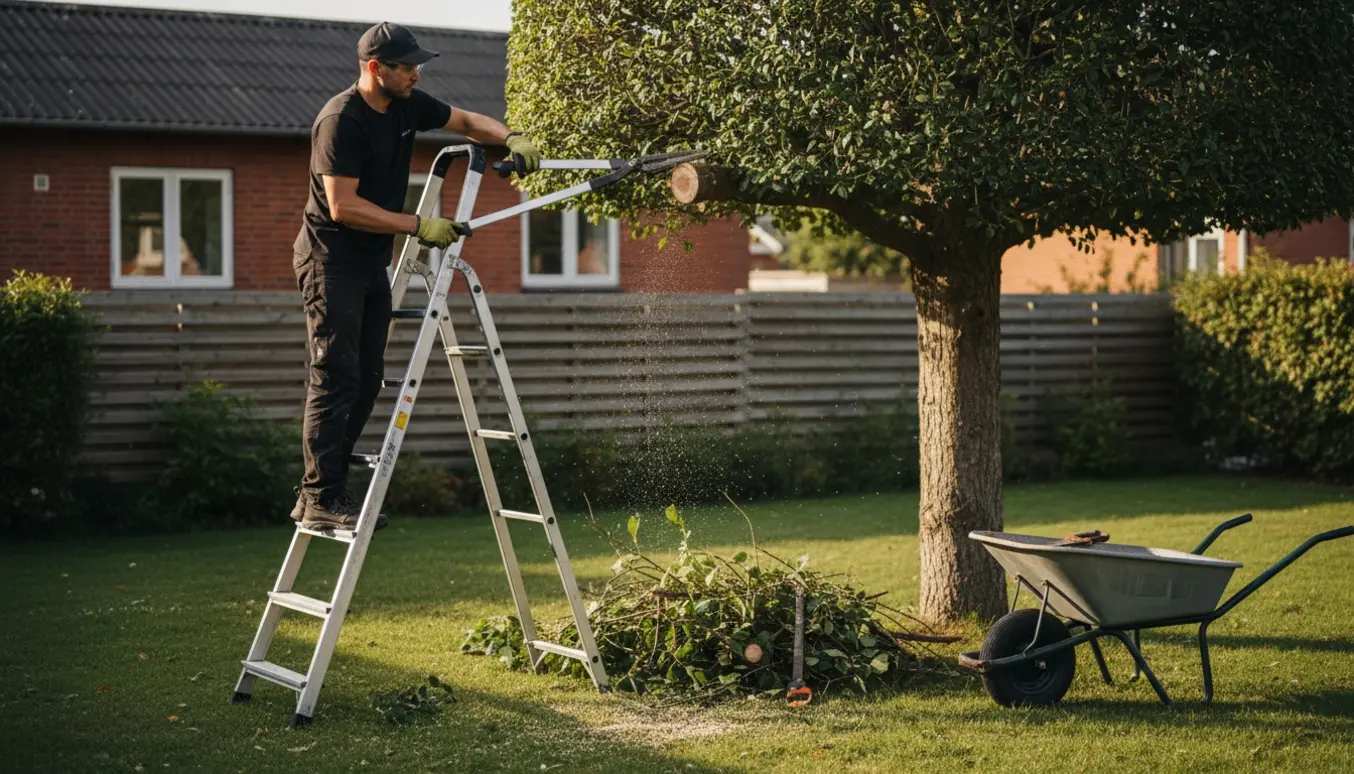 En person beskærer et træ i en velholdt københavnsk have med værktøj og en bunke afklip.
