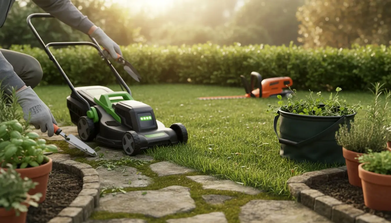 Person klipper græs og hækkekant i en lille baghave med redskaber og en bunke ukrudt.