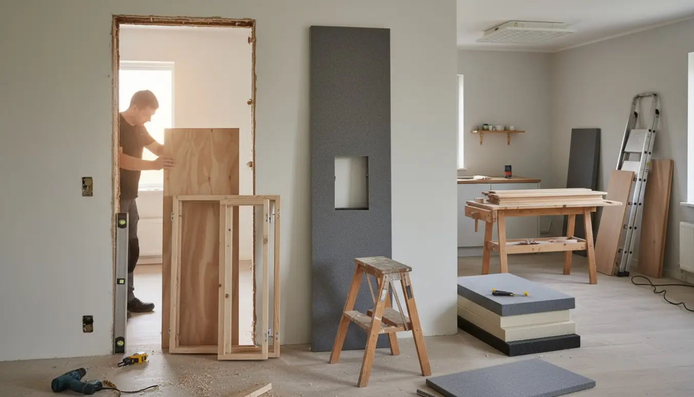 Interiør under renovering med en ny døråbning, akustikpanel i et hjørne og materialer til montering af sokkel og vindueskarm.