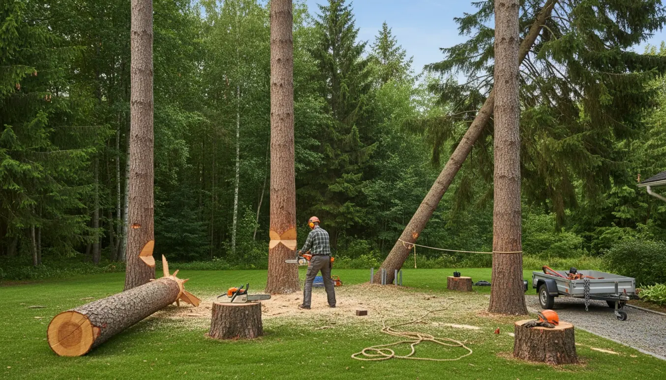 Tre 8 m høje fyrretræer fældes med friske stubbe og saveflis ved en grussti, der viser nem adgang.