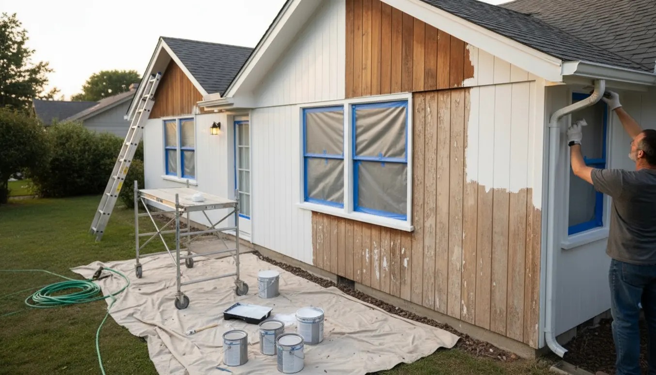 Maler forbereder og maler gavle, udhæng og vinduesrammer på et parcelhus fra 70'erne.