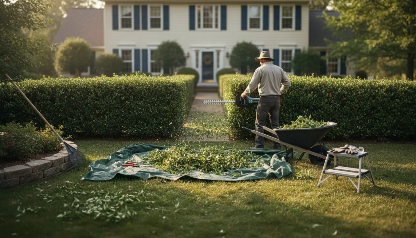 En person trimmer en bred hæk foran et hus til hoftehøjde med afklippede grene samlet i en trillebør.