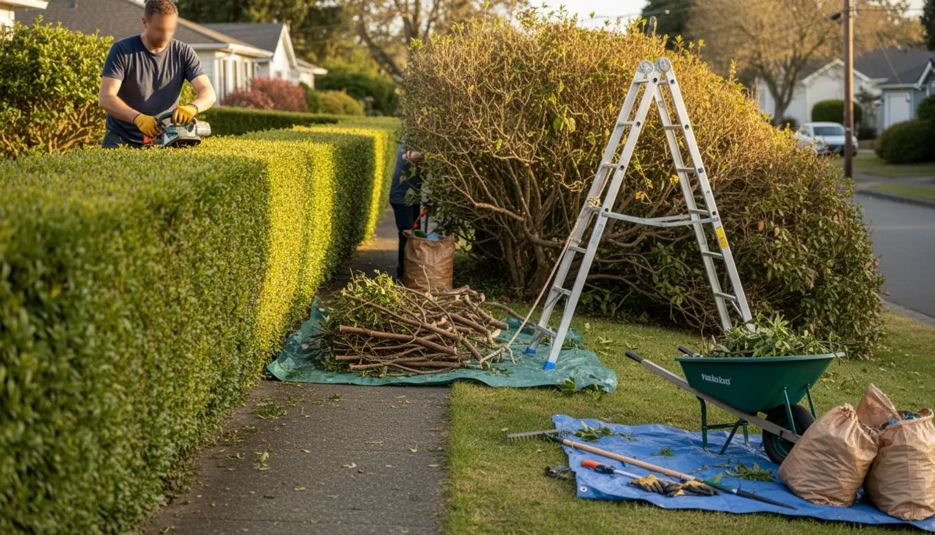 En lang hæk trimmet langs fortovet og en stor busk på en skråning med afklip samlet i en trillebør.
