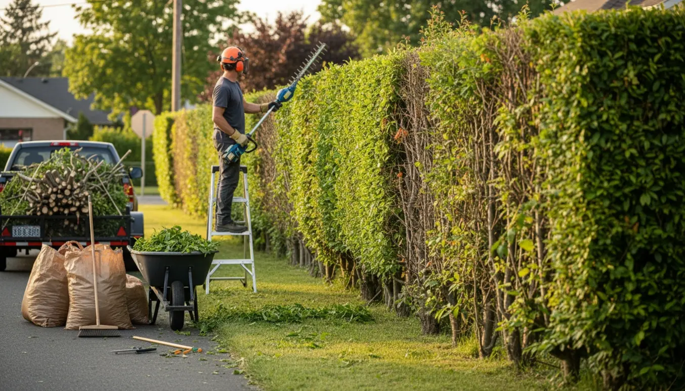 En lang mere end 2 m høj hæk på ca. 60 m bliver klippet fra en stige med trillebør fyldt med grønt affald.