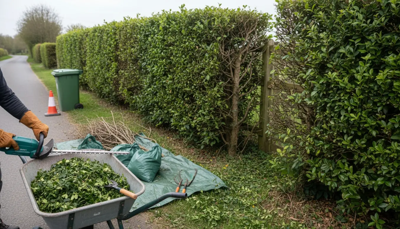 Gammel ligusterhæk ved vejen bliver klippet med haveredskaber og en bunke hækkeaffald klar til bortskaffelse.