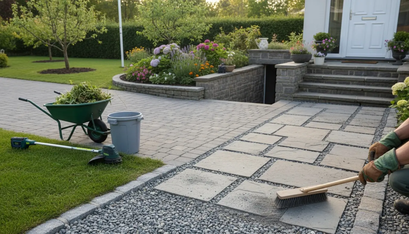 Nærbillede af havearbejde med fjernelse af ukrudt mellem sten og trimning af kanter i en have.