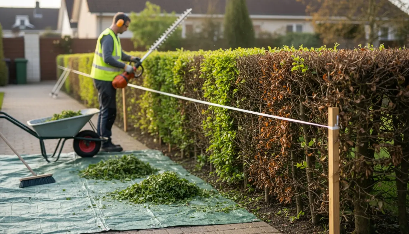 En person set bagfra trimmer en lang bøg­hæk i haven med bunker af nyklippede blade og værktøj ved siden af.