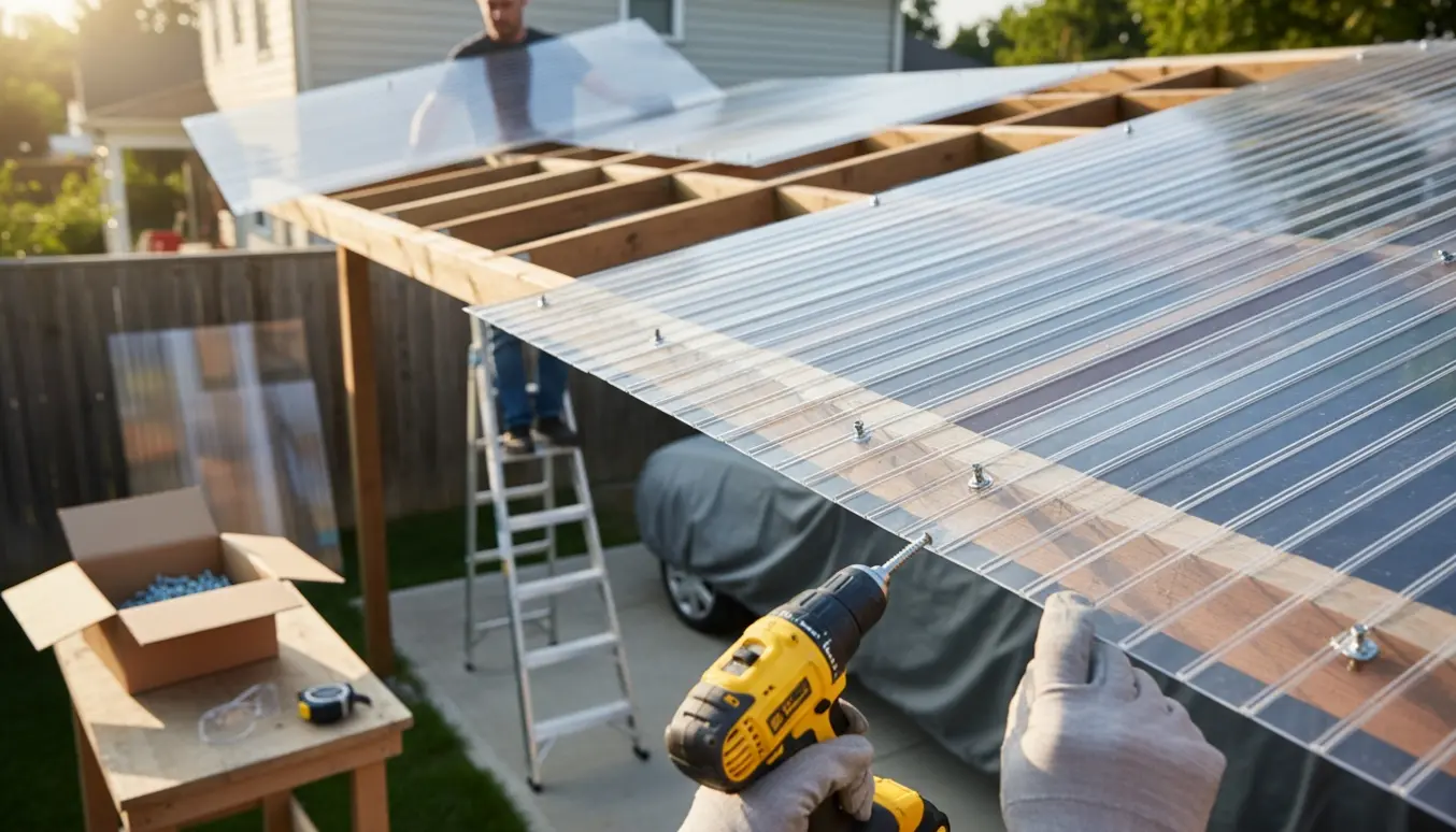 Nærbillede af udskiftning af trapezplader på en carport med handsker, borehammer, nye plader og skruer.