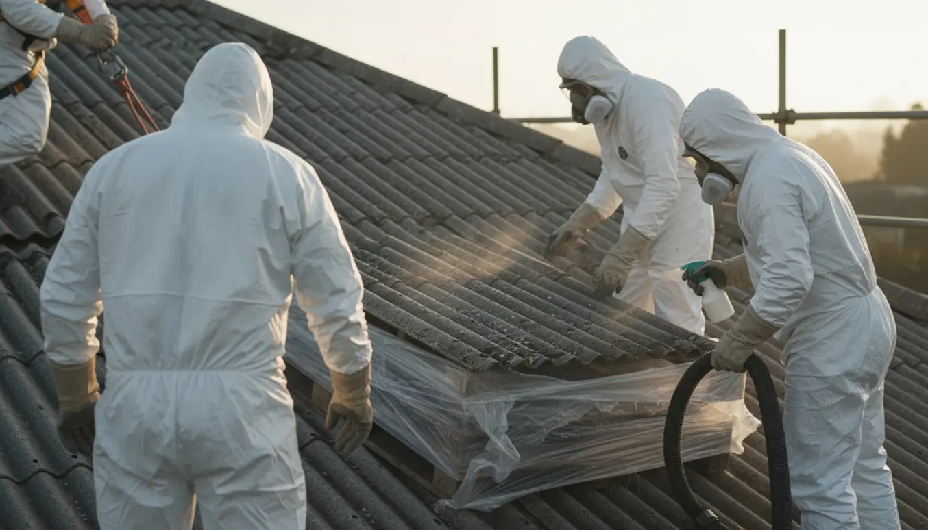 Faglærde i beskyttelsesdragter fjerner og pakker gamle korrugerede tagplader med asbest på et tag.