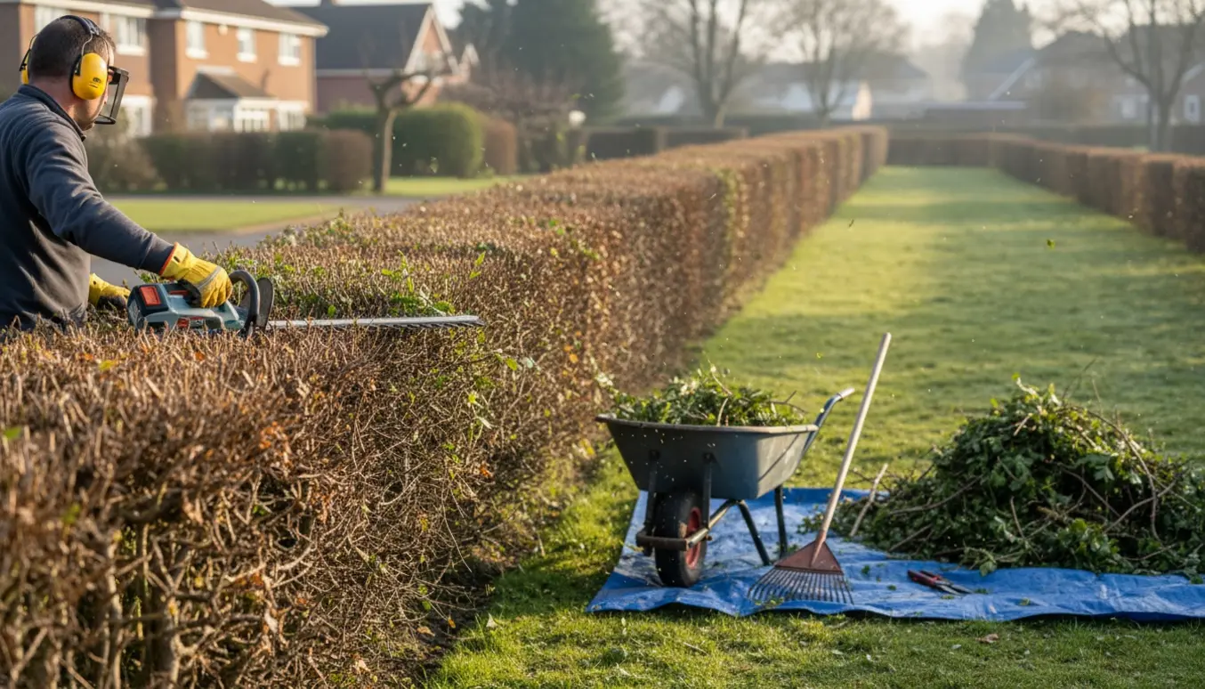 Havearbejder trimmer en lang tjørnehæk med nyklippet top og trillebør med afklip i siden.