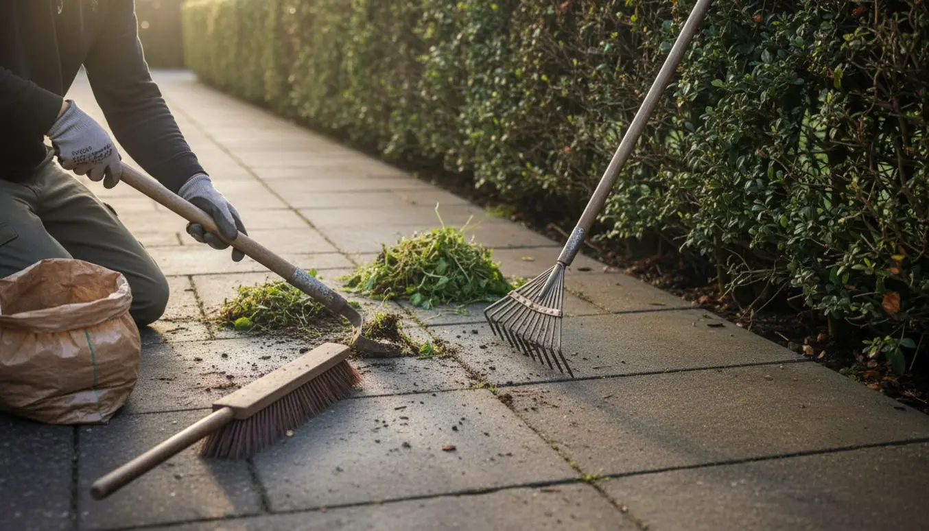Hænder fjerner ukrudt ved en 8 meter hæk og terrasse med skuffejern, kost og rive i morgenslys.