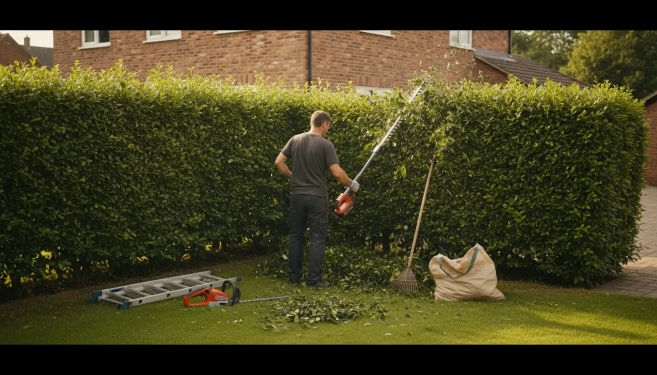 Person klipper toppen af en ligusterhæk på en hjørnegrund, med klippeaffald samlet i en bunke.